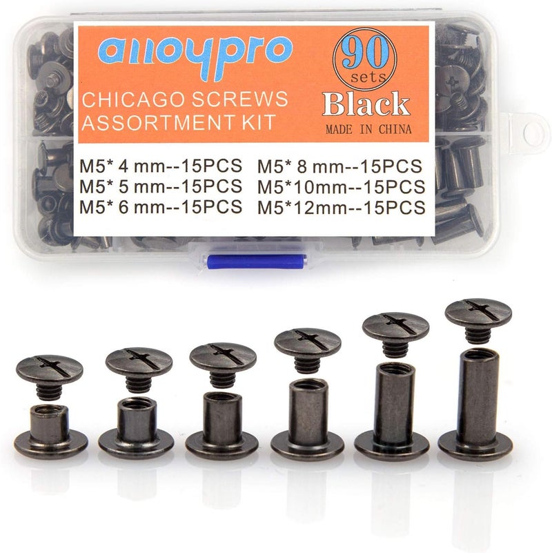 ALLOYPRO 90 Sets Chicago Screws Assorted Kit 6 Sizes Gun Metal Leather Rivets 3/16(5mm) Screw Rivets Phillip Head Book Binding Posts Nail Rivet Chicago Bolts for DIY Leather Craft (5 x 4,5,6,8,10,12) - Image 1